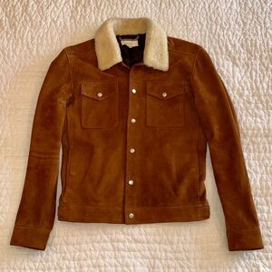 REISS Tobacco Brown Suede Leather Trucker Jacket Shearing Collar Extra Small XS